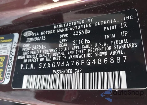 2015 Kia Optima Ex из США, поврежденный, VIN 5XXGN4A76FG486887